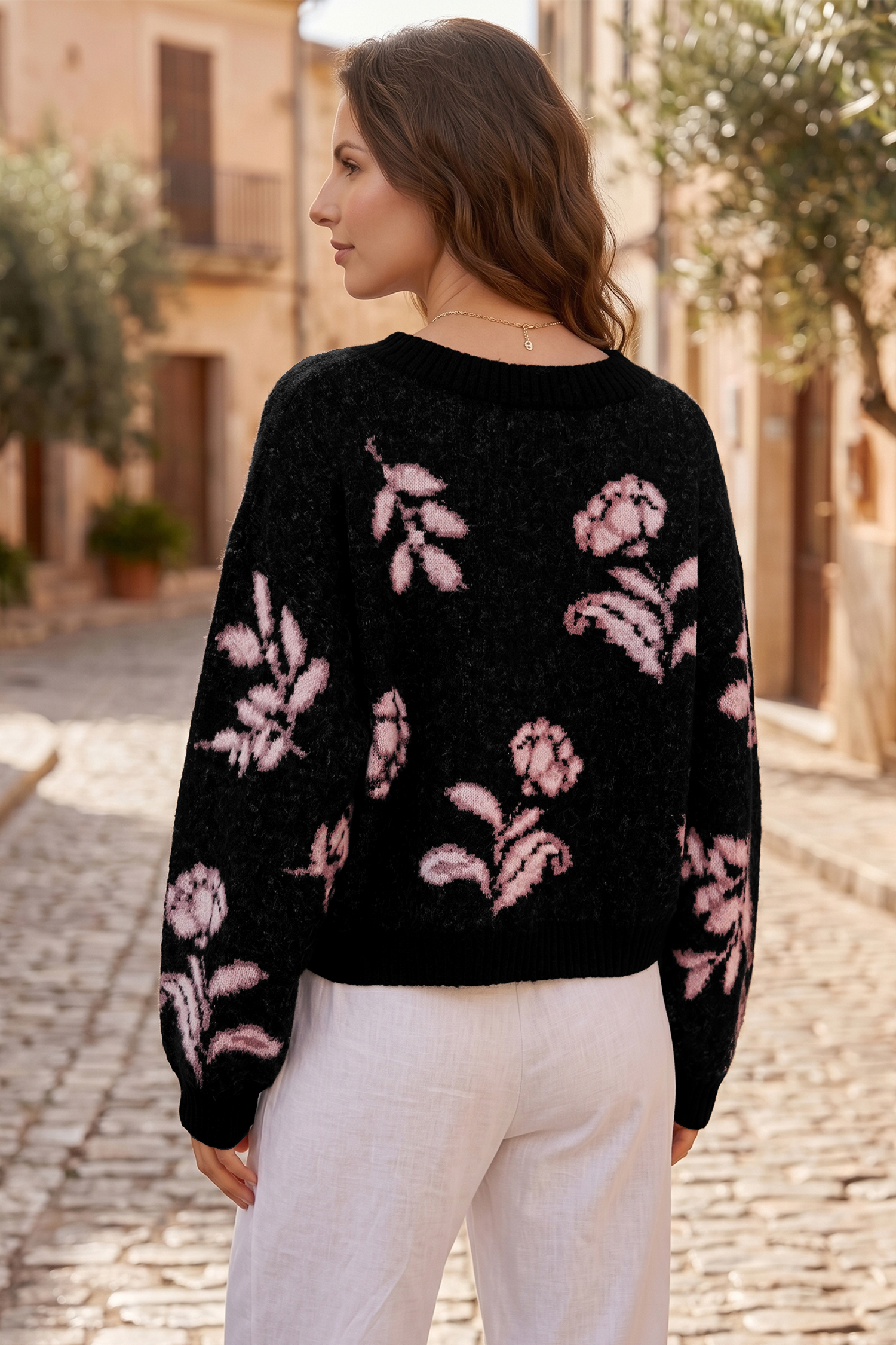 Floral Pattern Pullover Sweater, Cozy Women's Autumn Knit Top - Detail View 2