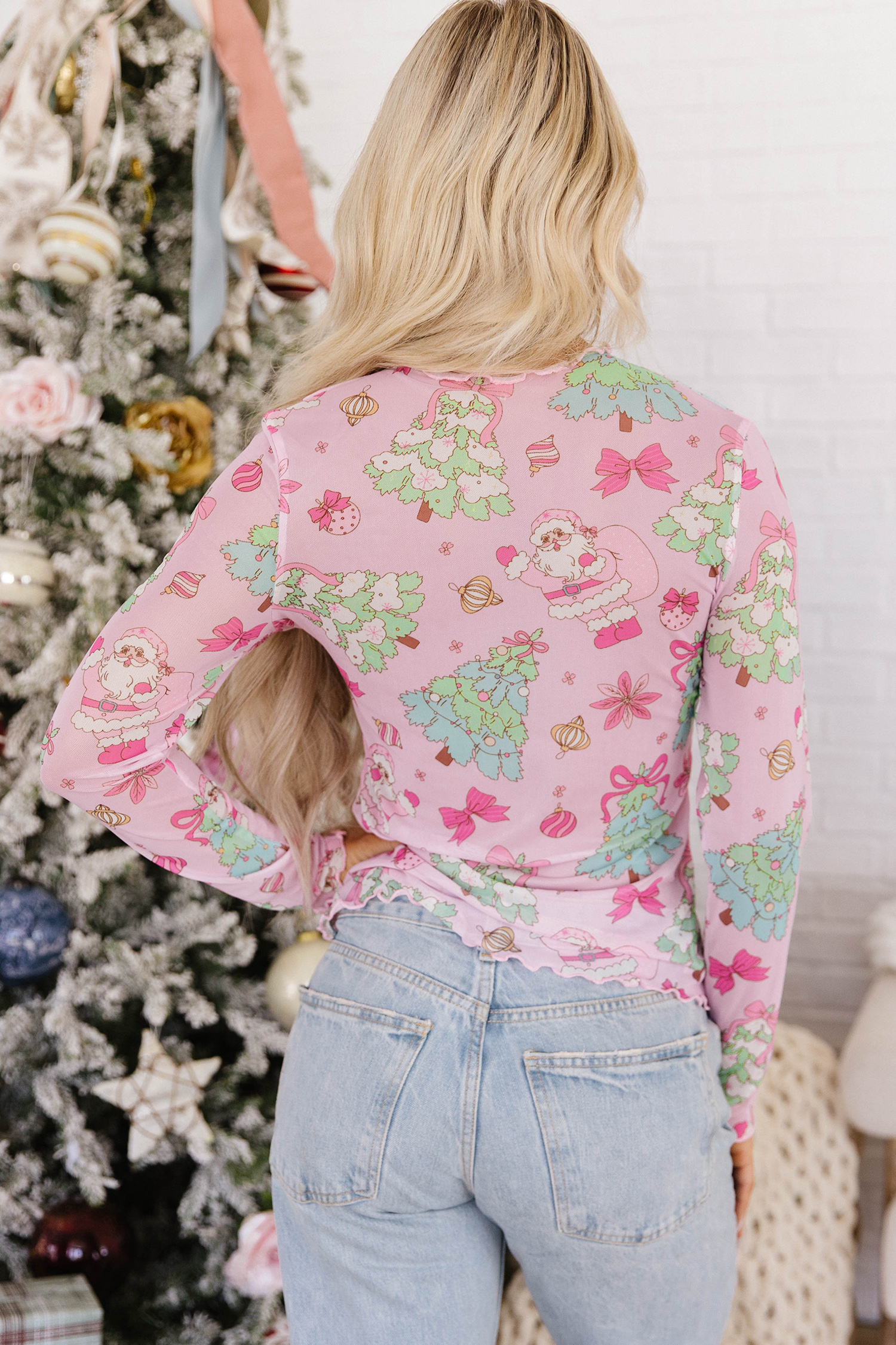 Sheer Christmas Women's Print Top, Pink Long Sleeve - Detail View 2