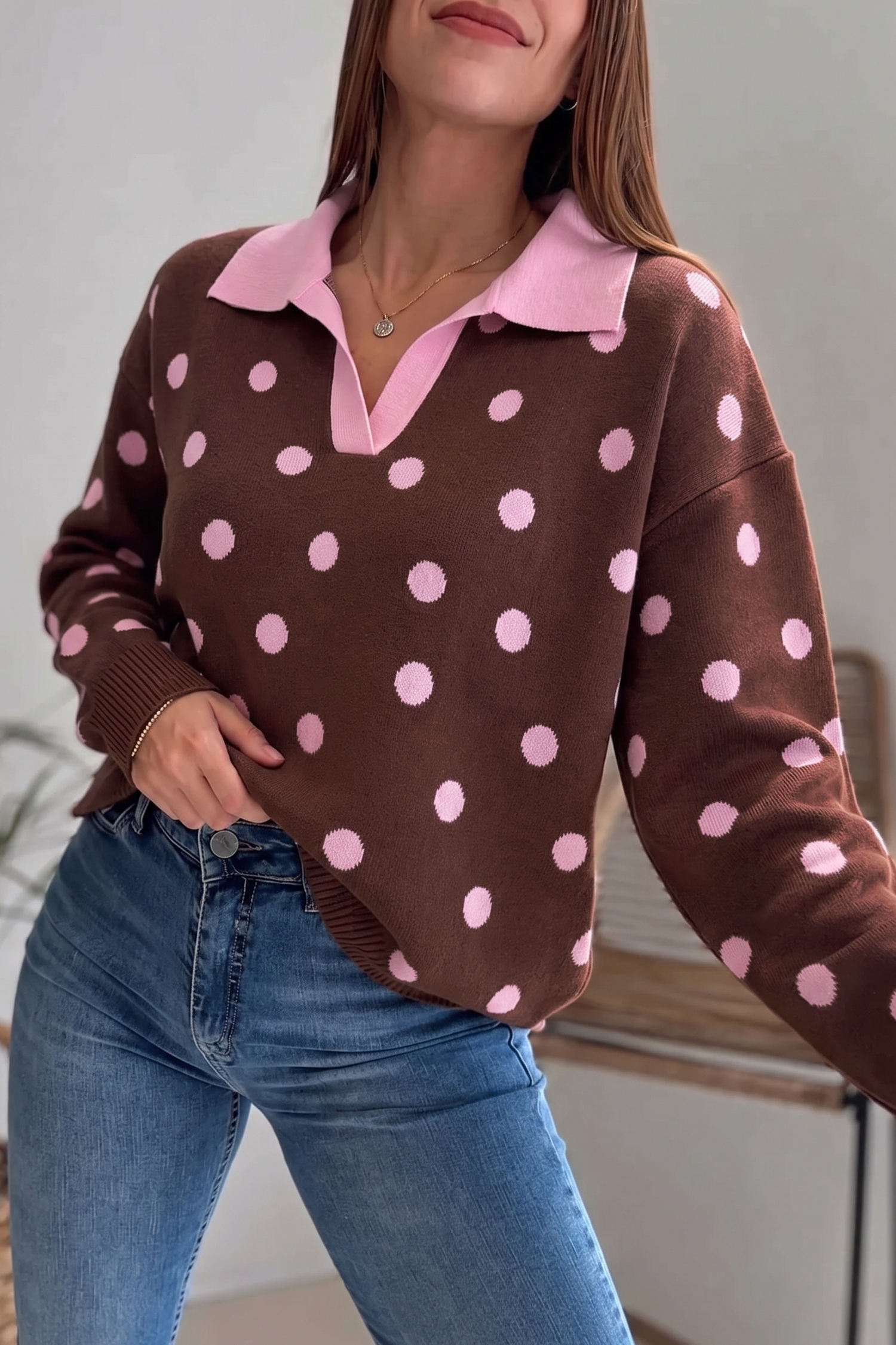 Pink Polka Dot Long Sleeve Top, Brown Colorblock Knitwear - Detail View 2