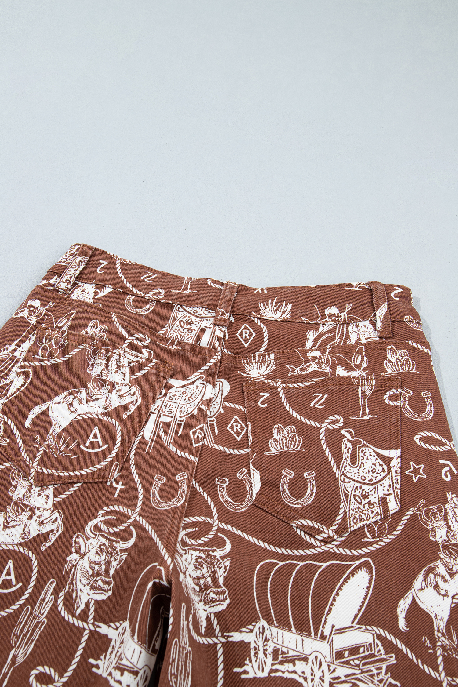 Brown Denim Western Pants, Trendy High Waist Casual Jeans - Detail View 12