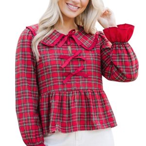 Women's Red Plaid Ruffle Blouse, Casual Fall Top - Main View
