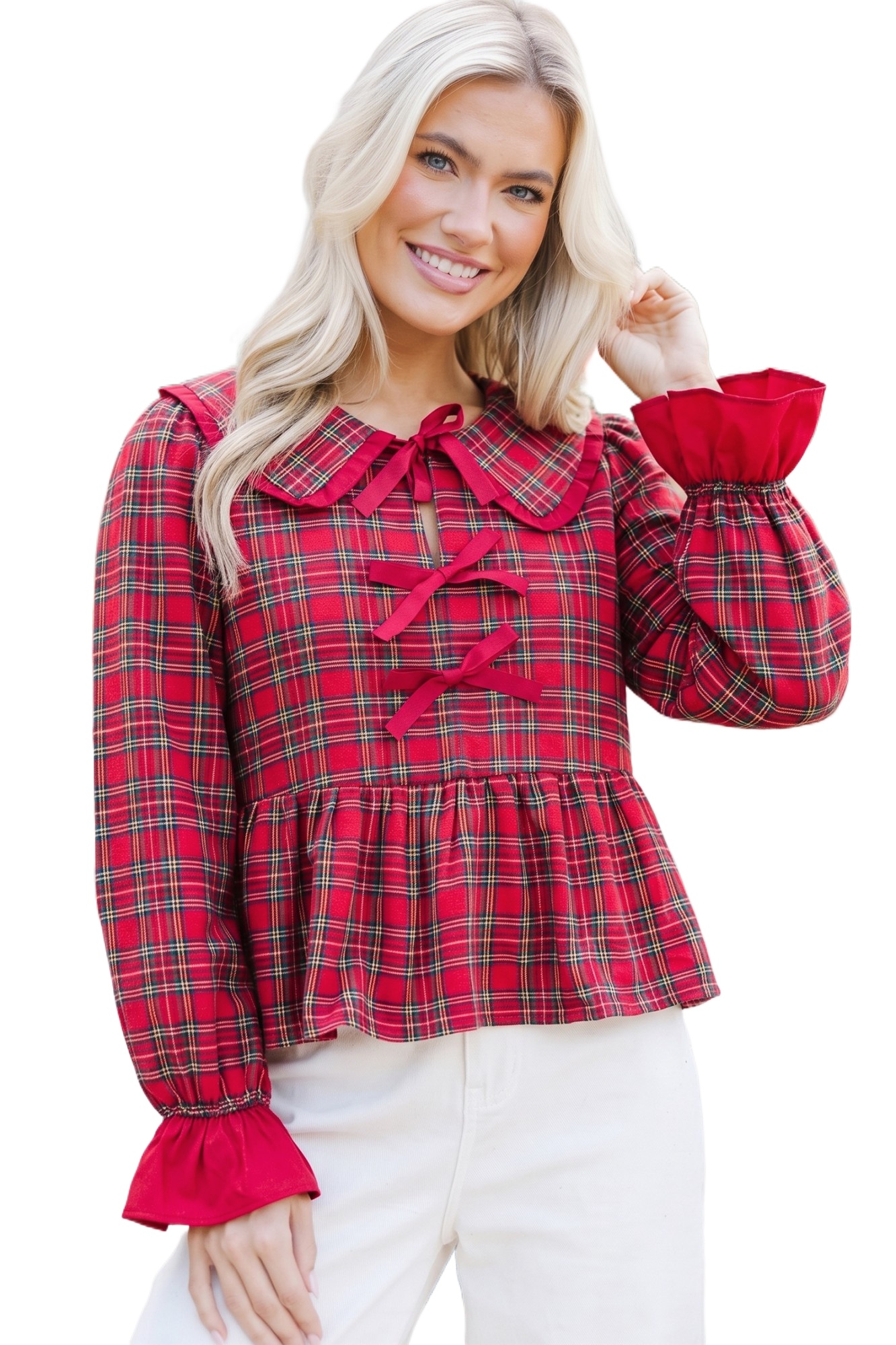 Women's Red Plaid Ruffle Blouse, Casual Fall Top - Main View