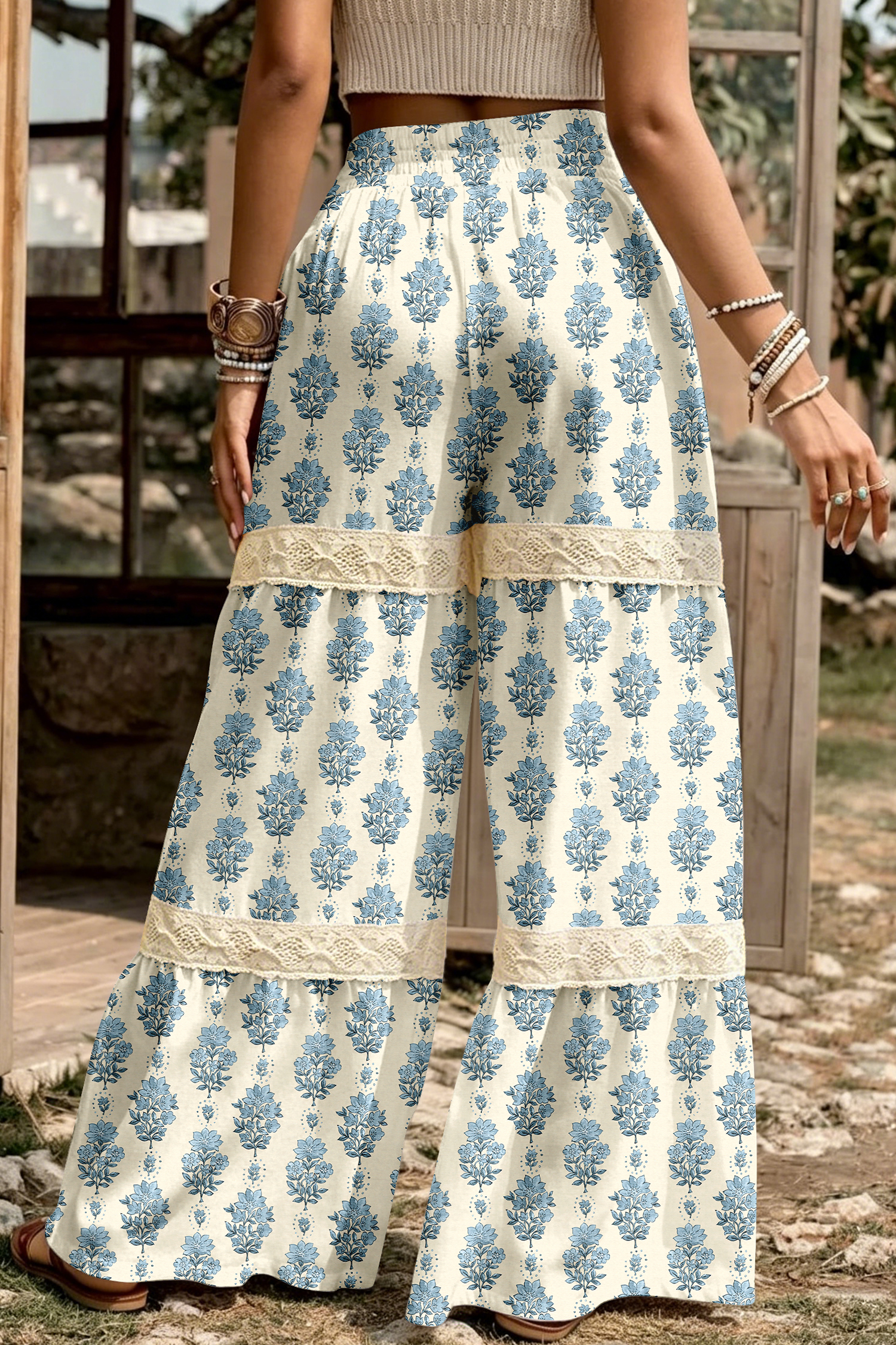 Women's Floral Wide Leg Pants, Boho Lace Print - Detail View 2