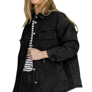 Women's Denim Jacket, Black Rhombus Stitched Button Coat - Main View