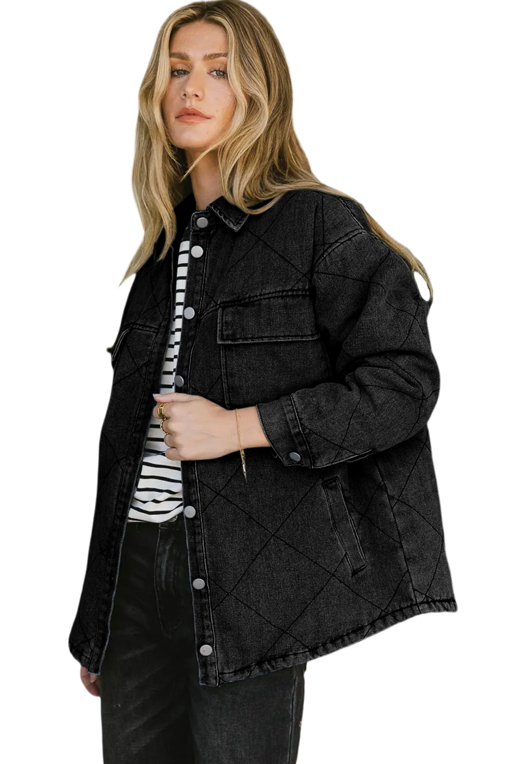 Women's Denim Jacket, Black Rhombus Stitched Button Coat - Main View