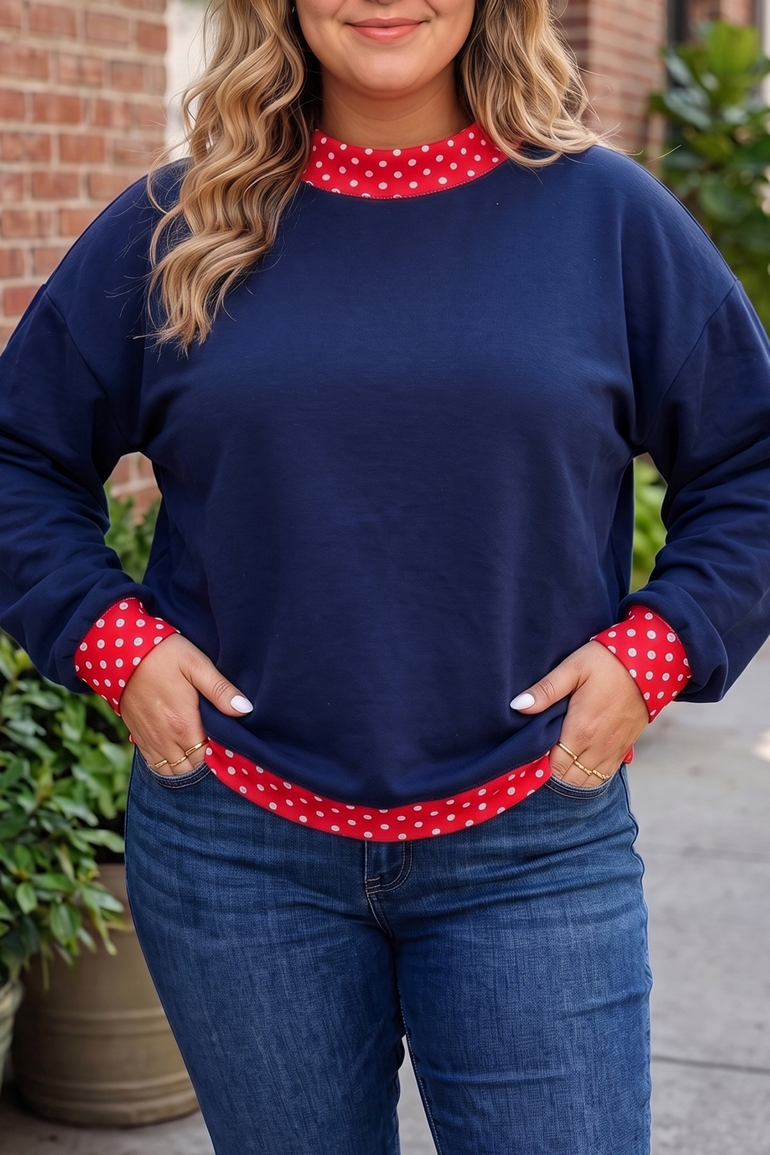 Women's Polka Dot Sweatshirt, Patchwork Colorblock - Detail View 2