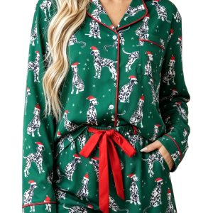 Women's Christmas Dog Pajama Set, Long Sleeve Lounge PJ - Main View