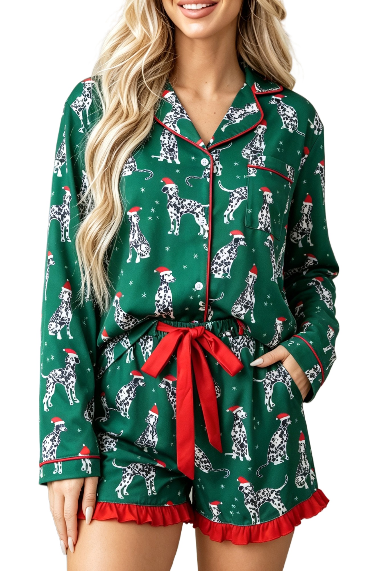 Women's Christmas Dog Pajama Set, Long Sleeve Lounge PJ - Main View