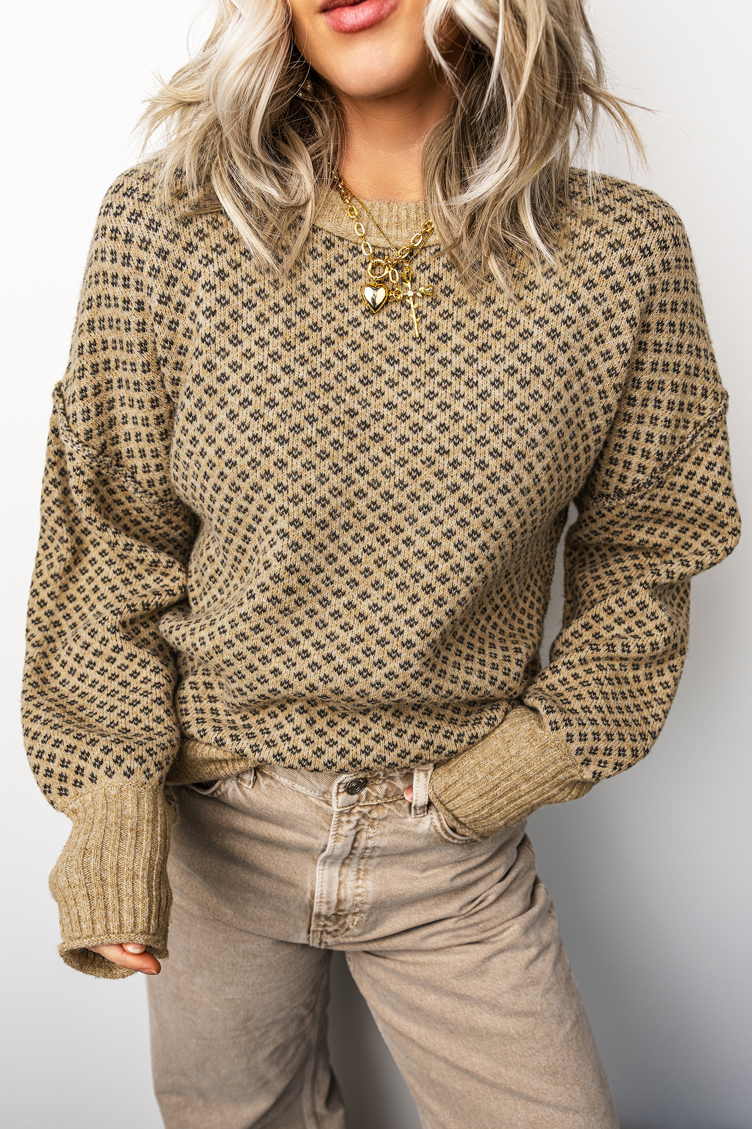 Womens Geometric Print Sweater, Chic Drop Shoulder Top - Detail View 5