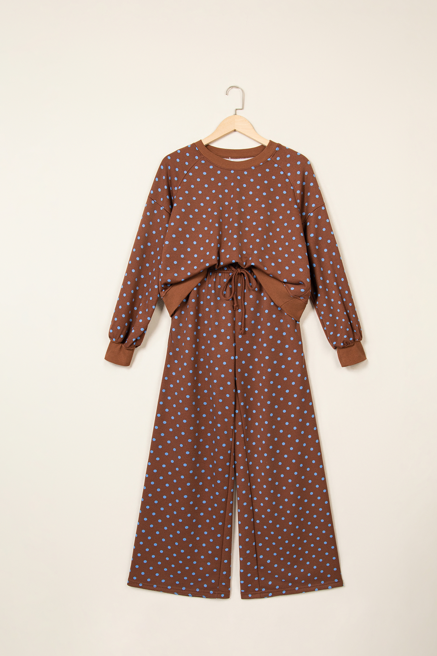 Brown Polka Dot Women's Set, Long Sleeve Wide Leg Pants - Detail View 2