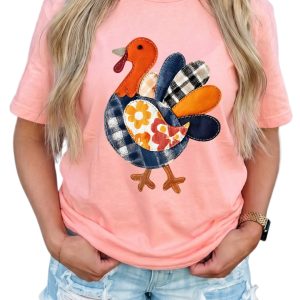 Women's Pink Turkey Graphic Tee, Casual Fall Crewneck - Main View