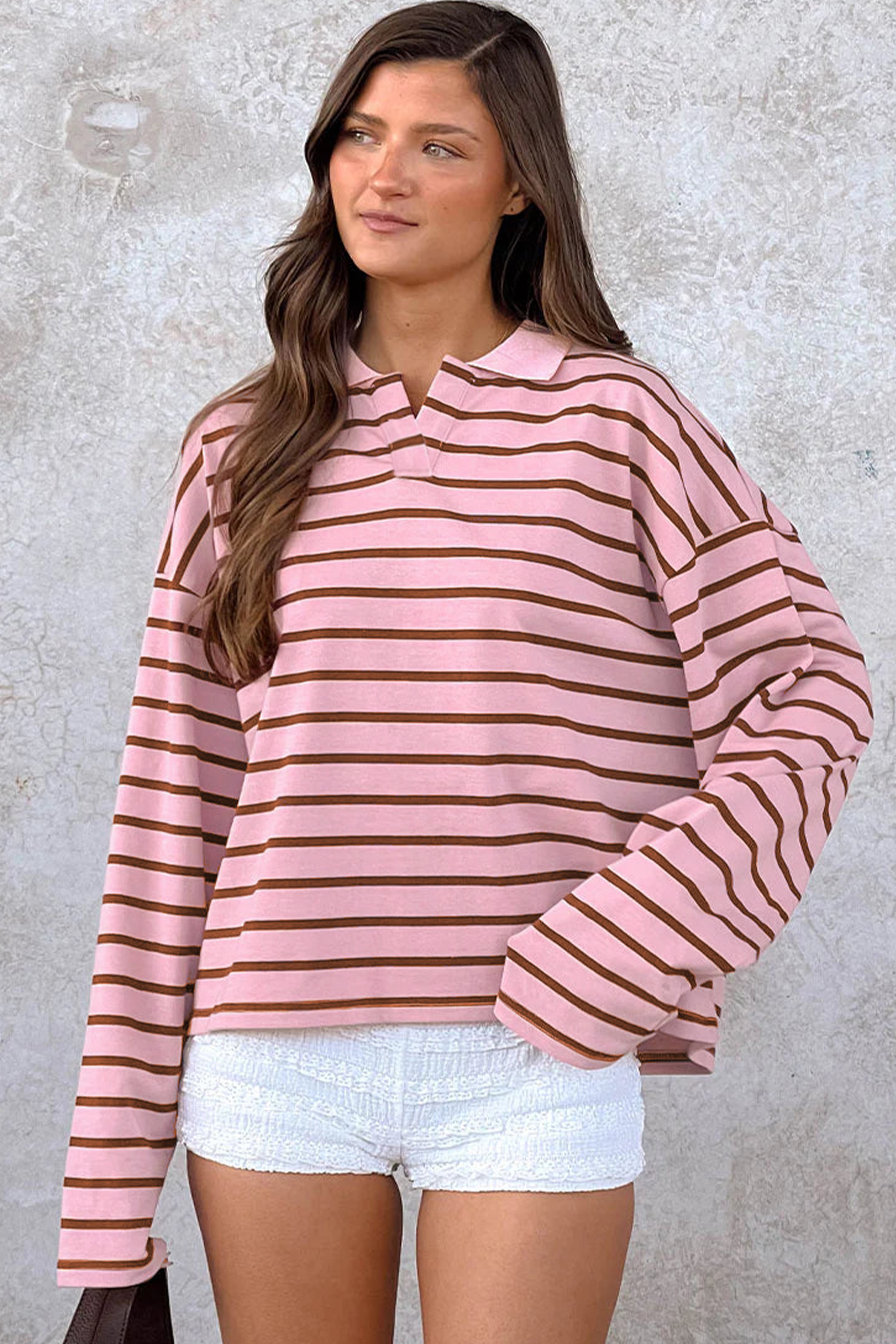 Women's Cotton Striped Top, Soft Loose Fit Collar Shirt - Detail View 3
