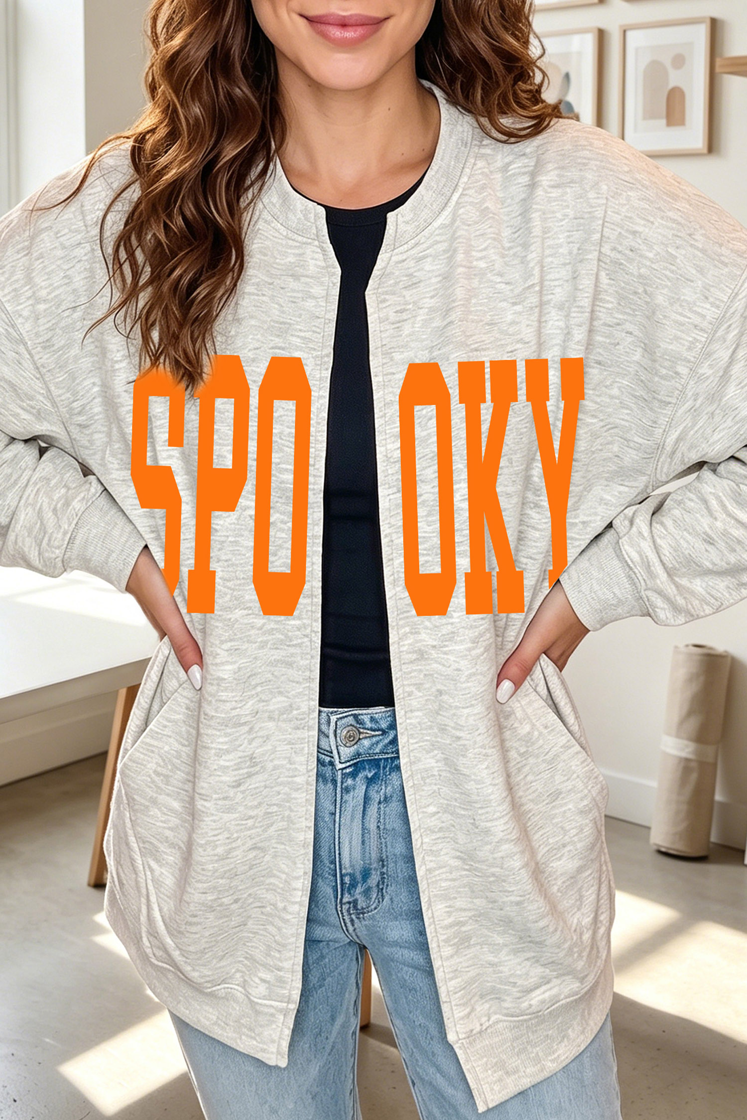 Women's Spooky Letter Print Jacket, Soft Fall Sweatshirt - Detail View 3