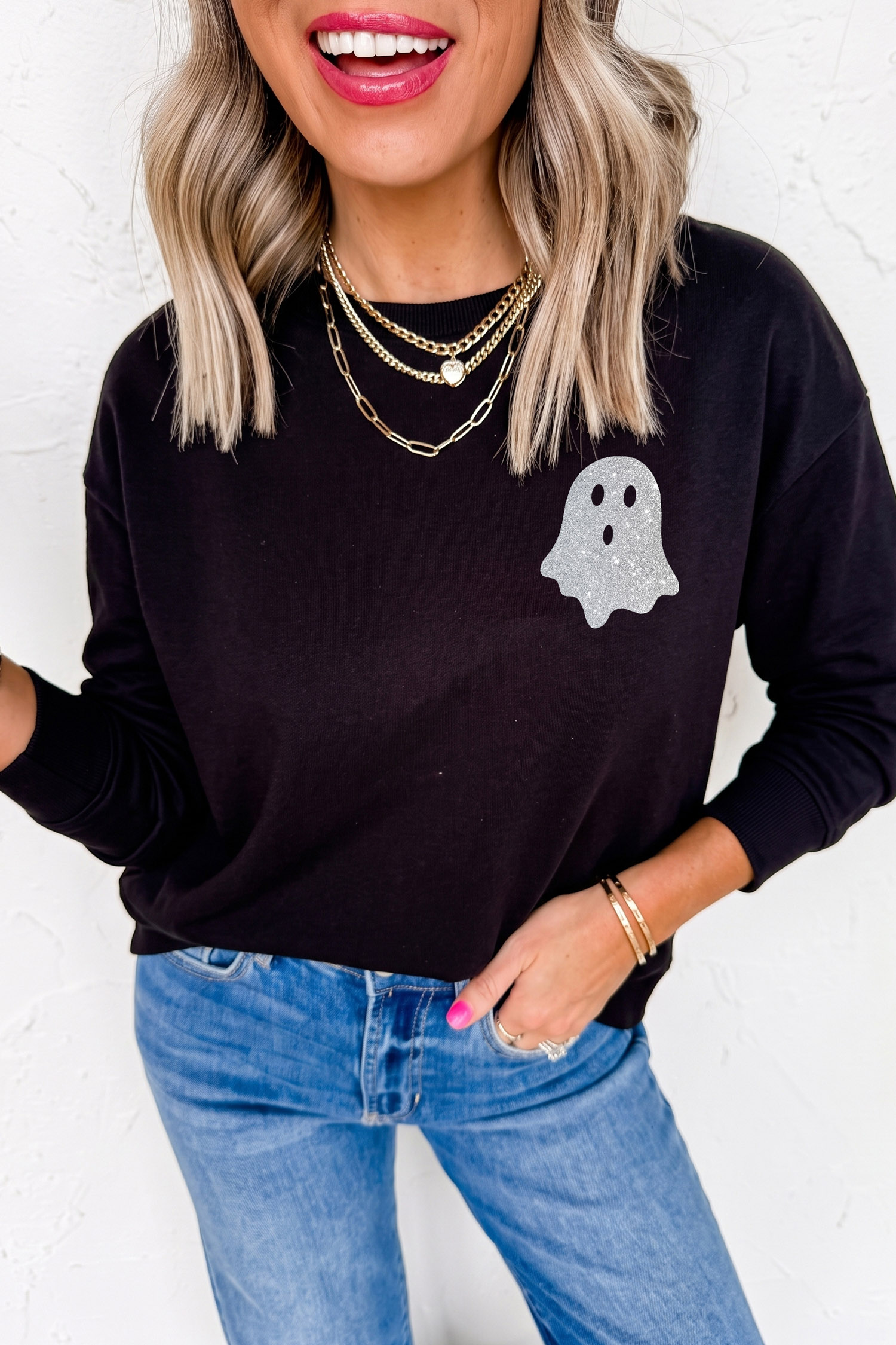 Women's Cozy Ghost Print Pullover, Soft Cotton Blend Top - Detail View 3
