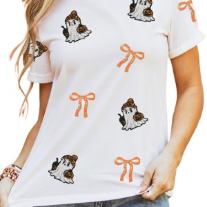 Women's Halloween Ghost T-Shirt, Sequin Graphic Short Sleeve - Main View
