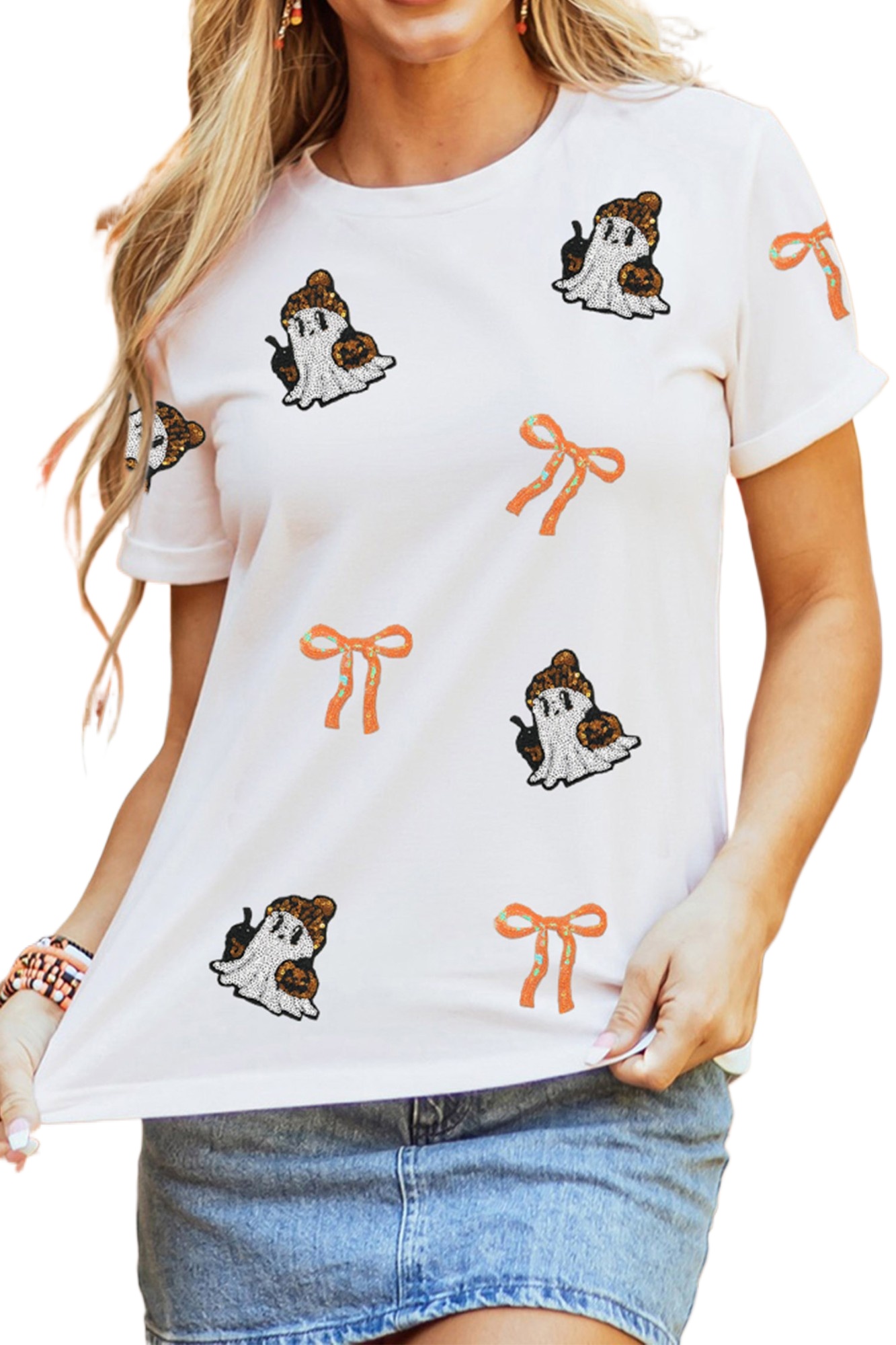 Women's Halloween Ghost T-Shirt, Sequin Graphic Short Sleeve - Main View