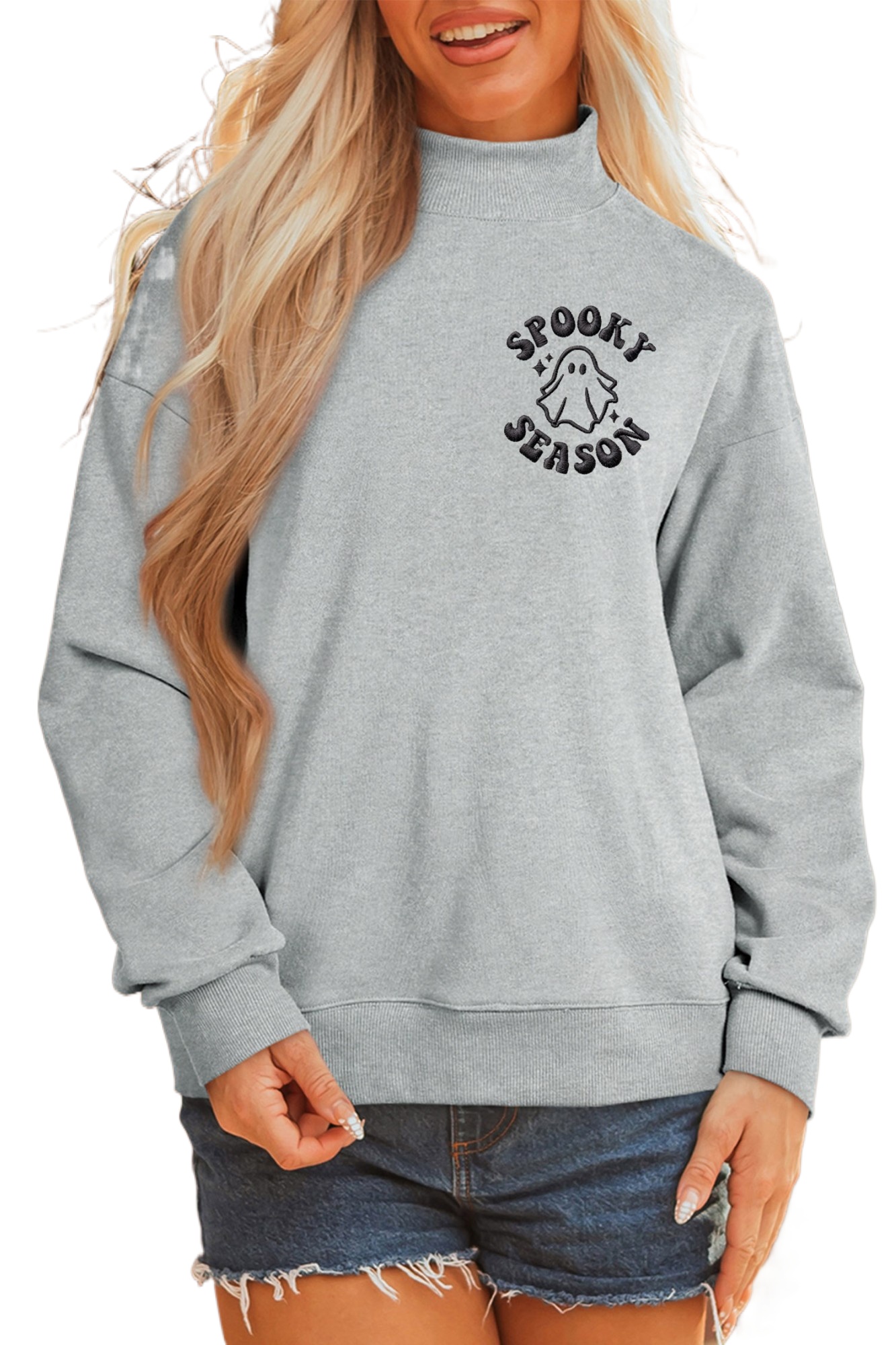 Women's Mock Neck Sweatshirt, Casual Spooky Season Gray - Main View