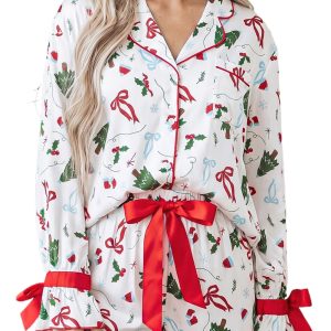 Women's Christmas Lounge Set, Festive Print Long Sleeve PJs - Main View