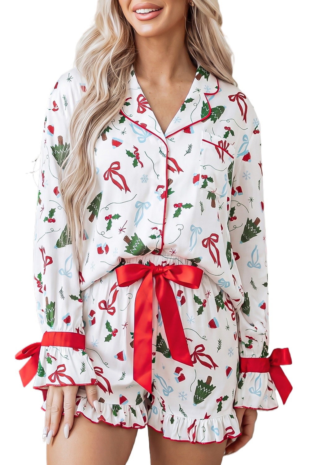 Women's Christmas Lounge Set, Festive Print Long Sleeve PJs - Main View