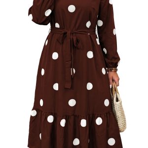 Brown Polka Dot Dress, Long Sleeve Tie Waist Casual Maxi - Main View