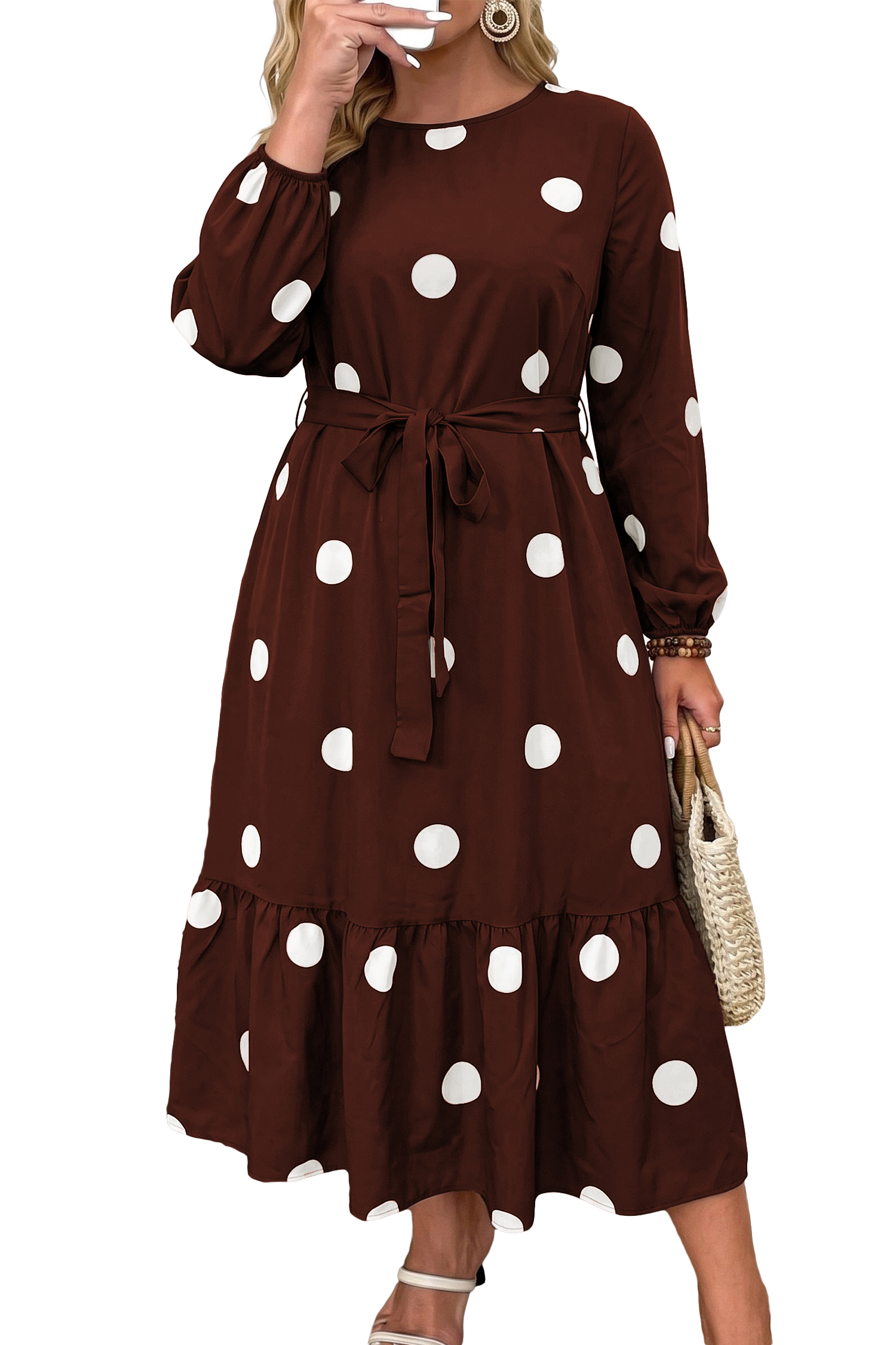 Brown Polka Dot Dress, Long Sleeve Tie Waist Casual Maxi - Main View