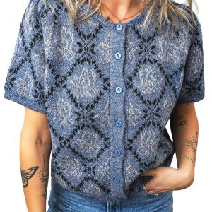 Women's Knit Button Front Top, Dark Blue Boho Short Sleeve - Main View