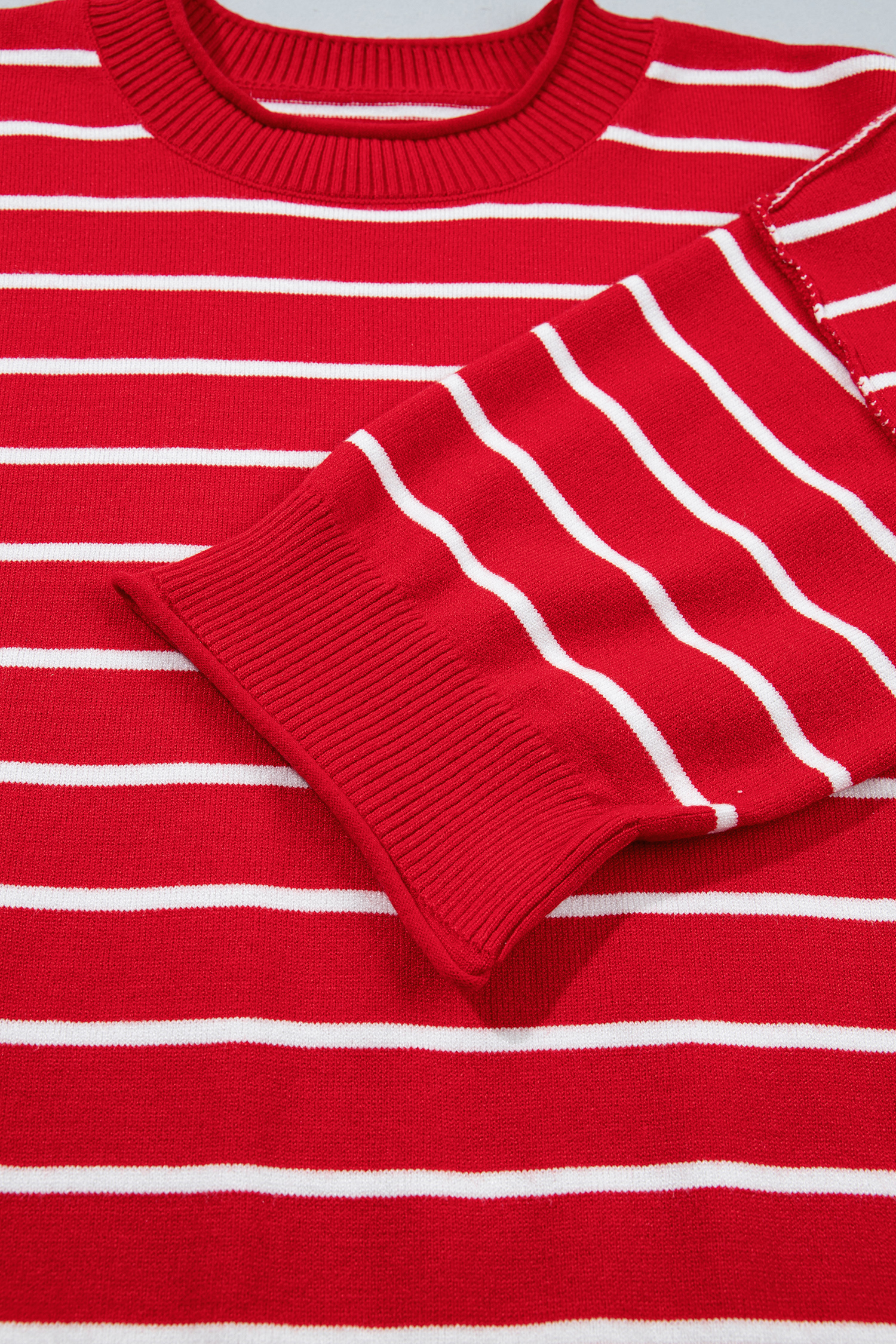 Women's Red Striped Knit Top, Trendy Dropped Shoulder - Detail View 8