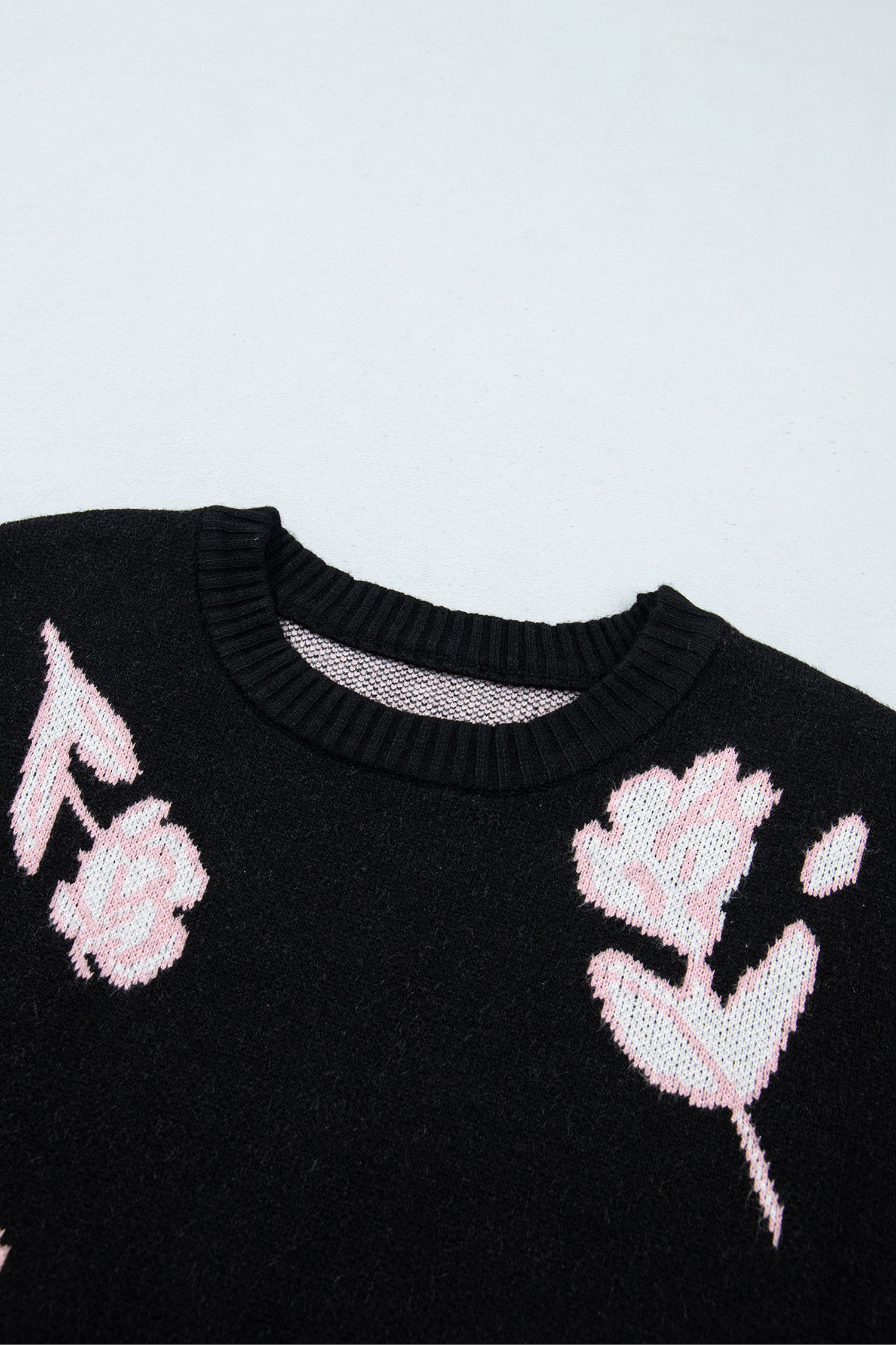 Casual Black Floral Sweater, Soft Long Sleeve Crew Neck Top - Detail View 6