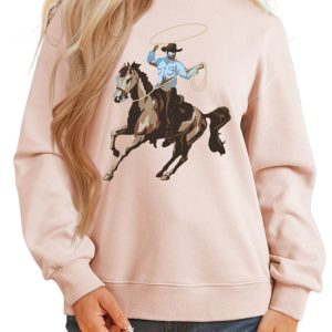 Women's Western Cowboy Sweatshirt, Apricot Pink Rodeo Print - Main View