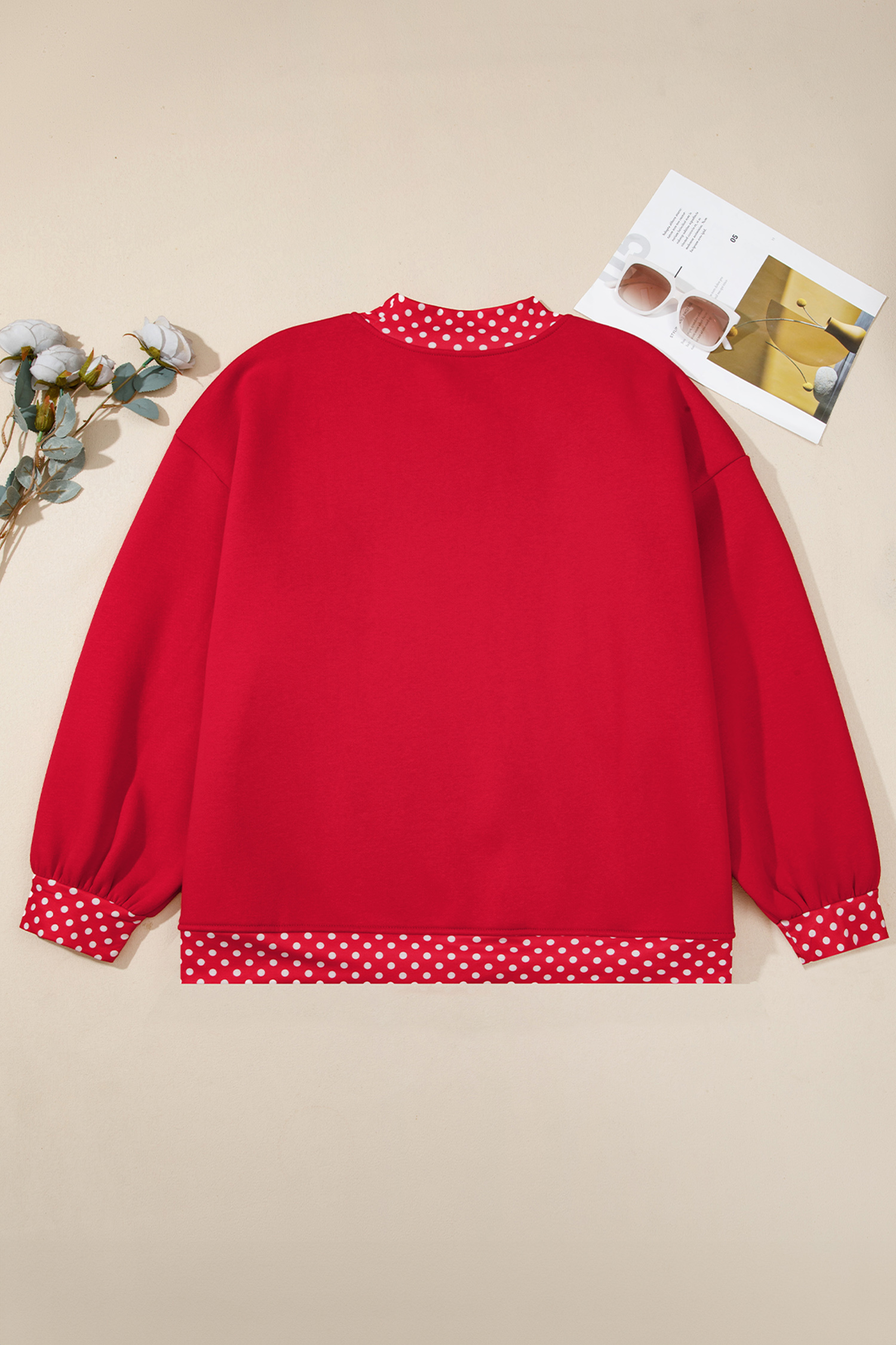 Patchwork Polka Dot Sweatshirt, Trendy Mock Neck Women Top - Detail View 5
