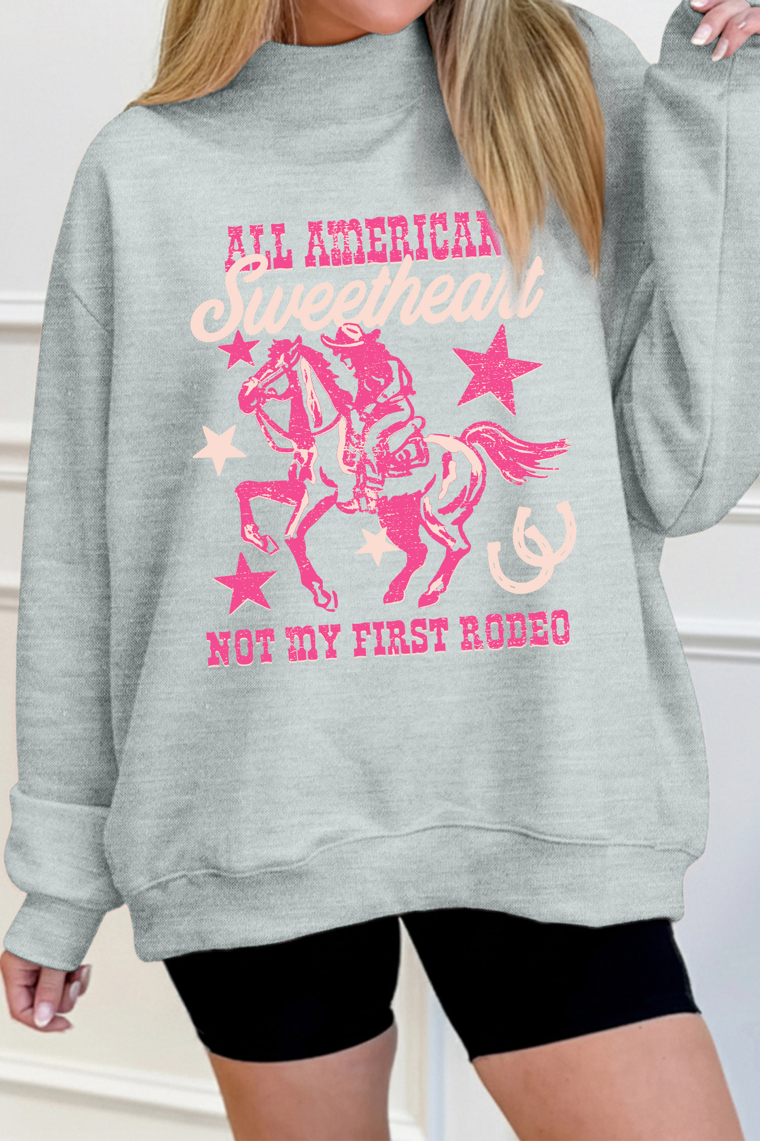 Women's Rodeo Print Sweatshirt, Western Gray Mock Neck - Detail View 5