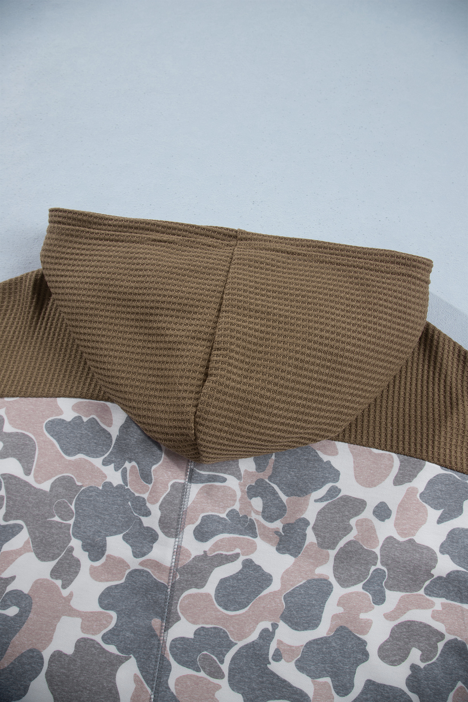 Women's Waffle Knit Hoodie, Camo Patchwork Top - Detail View 9