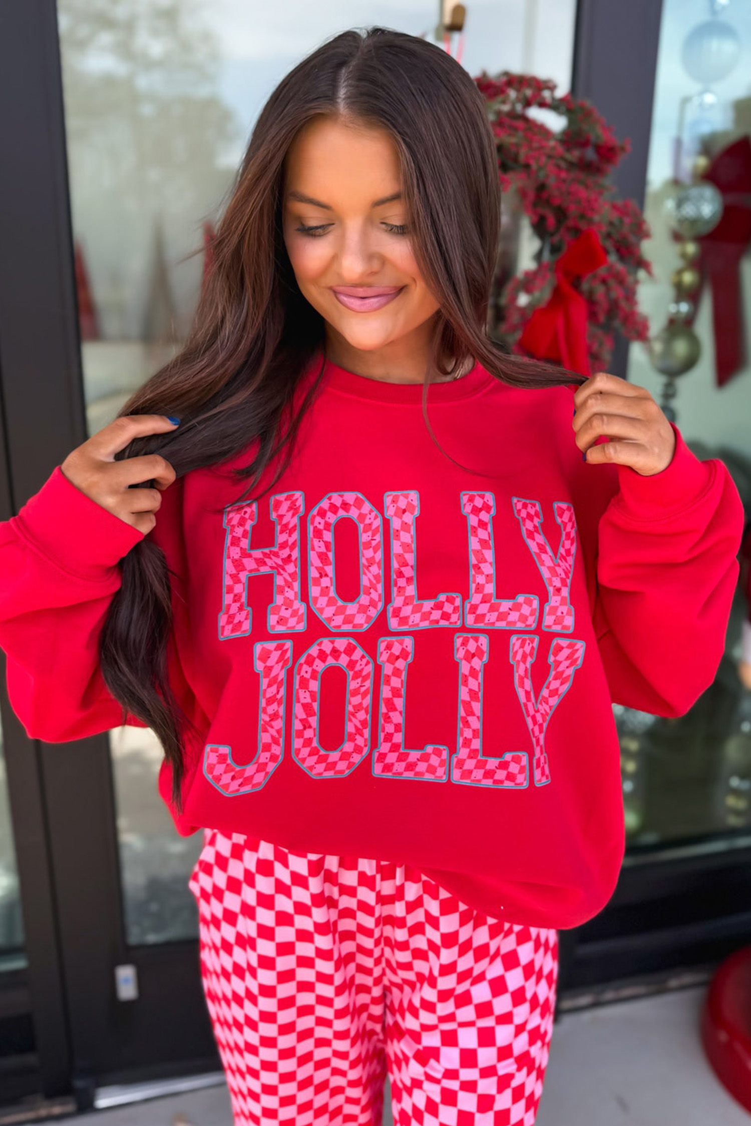 Plaid Christmas Sweatshirt Set, Cozy Festive Women Lounge Set - Detail View 5