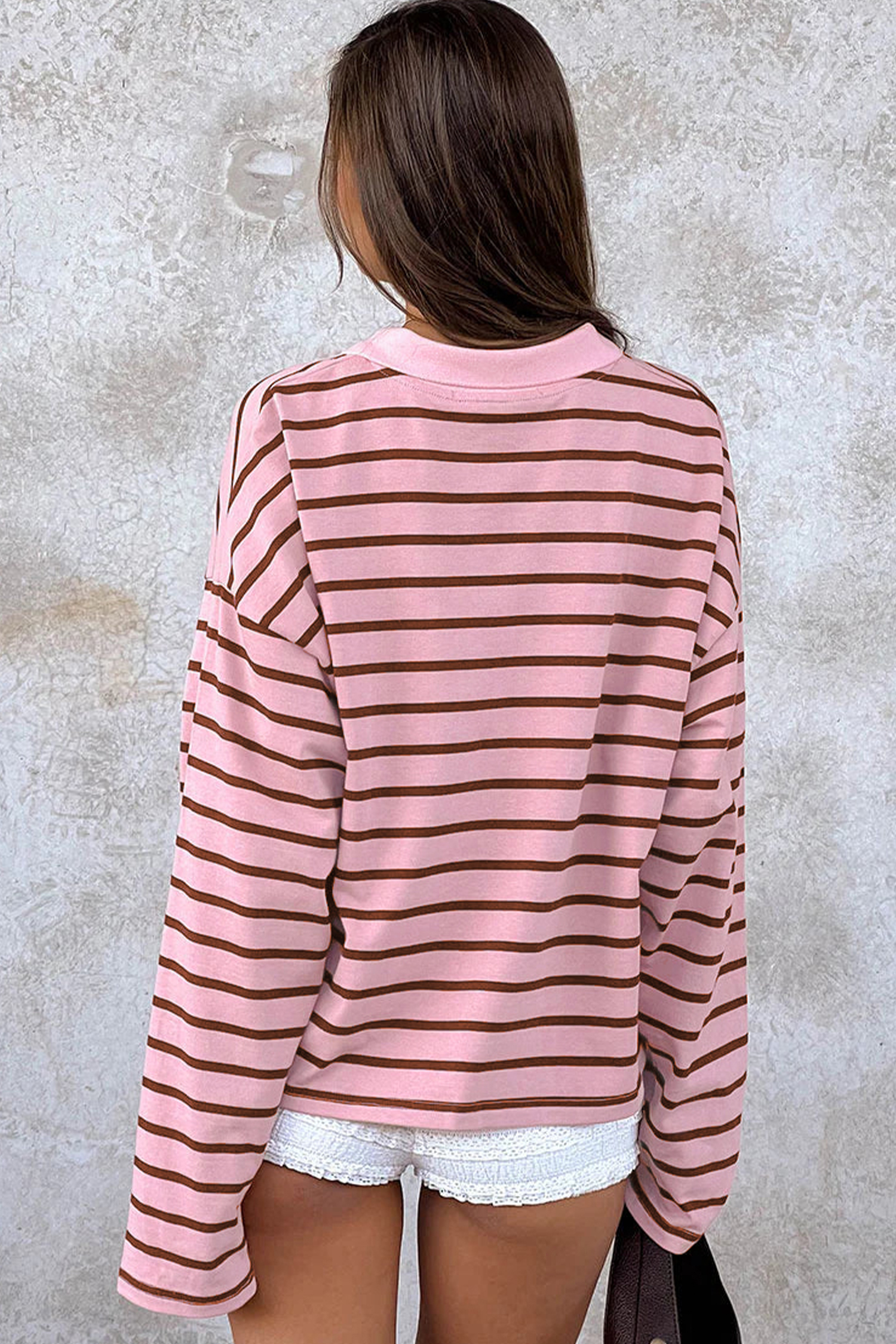 Women's Pink Stripe Collar Top, Chic Drop Sleeve Pullover - Detail View 2