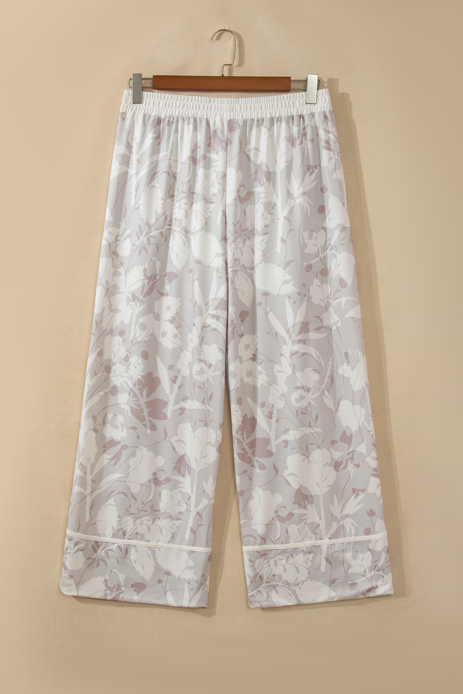 Gray Print Wide Leg Pants, Floral Camo Contrast Trim - Detail View 5