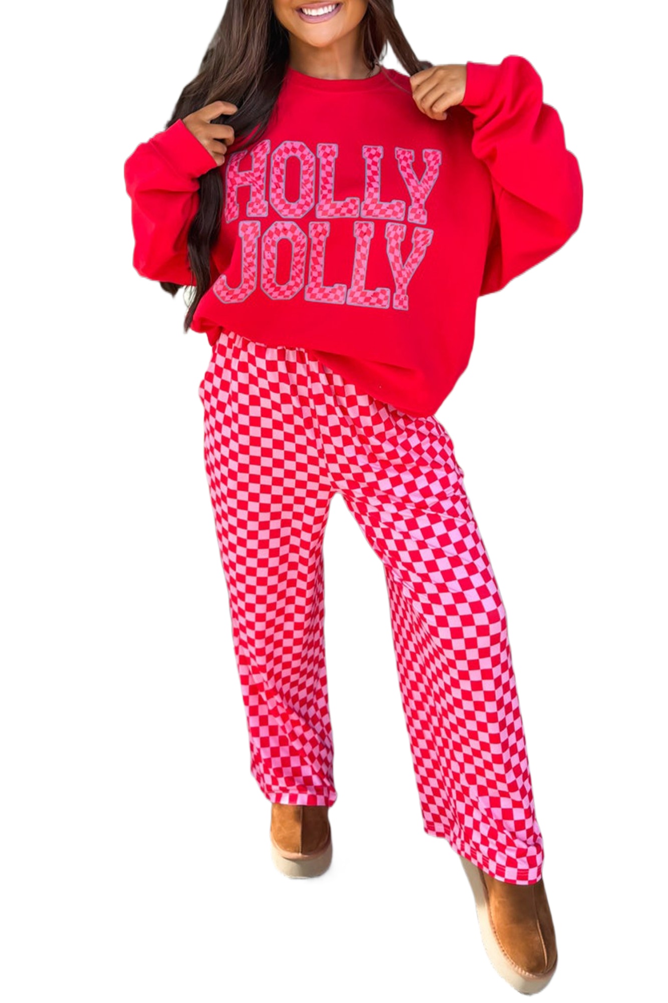 Red Christmas Pant Set, Casual Long Sleeve Women Loungewear - Main View