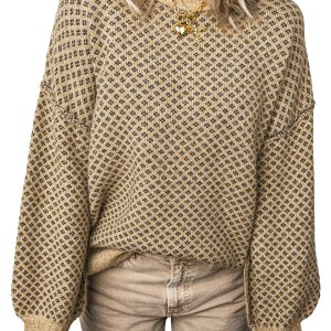Womens Khaki Geometric Knit Sweater, Casual Daily Top - Main View