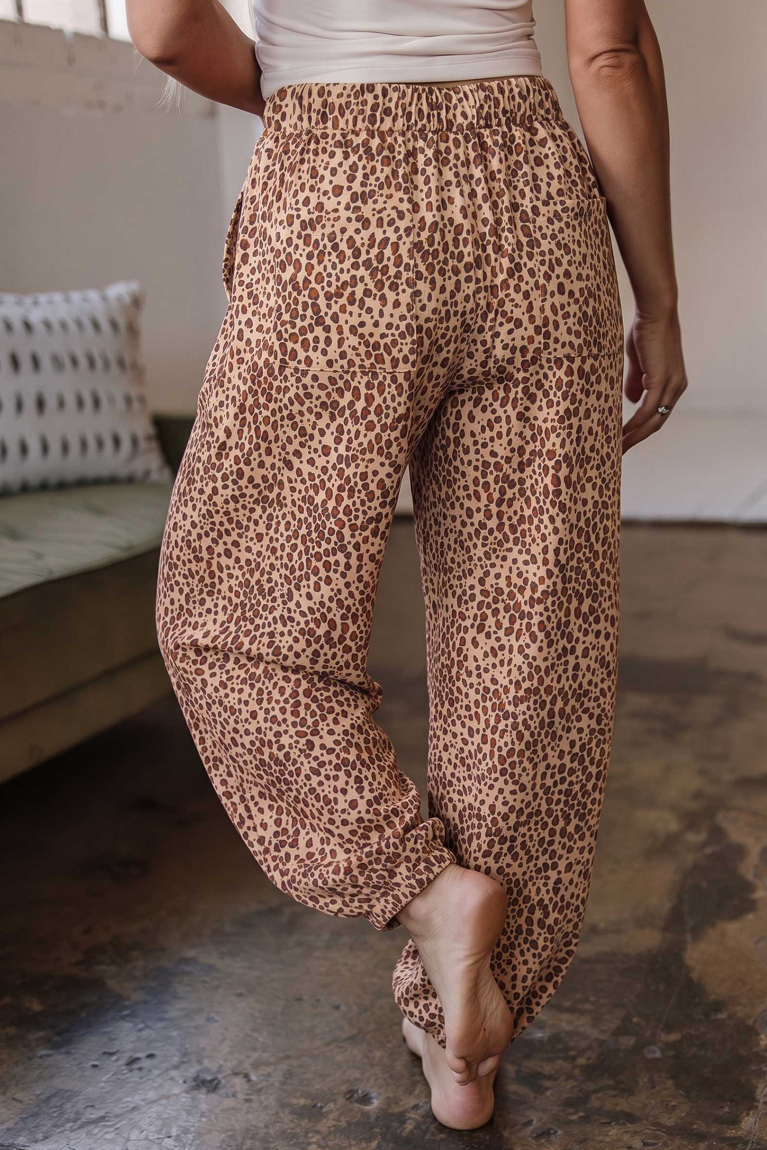 Women's Khaki Animal Print Pants, Relaxed Daily Drawstring - Detail View 3