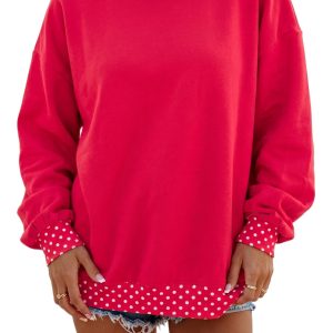 Women's Red Gingham Trim Sweatshirt, Cozy Mock Neck Pullover - Main View