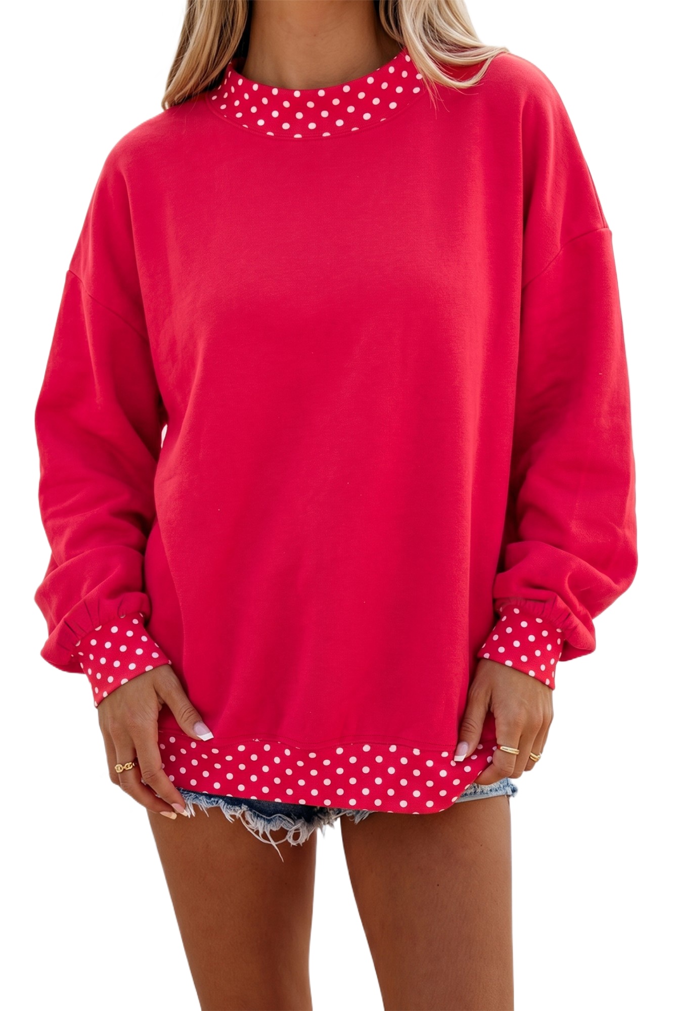 Women's Red Gingham Trim Sweatshirt, Cozy Mock Neck Pullover - Main View
