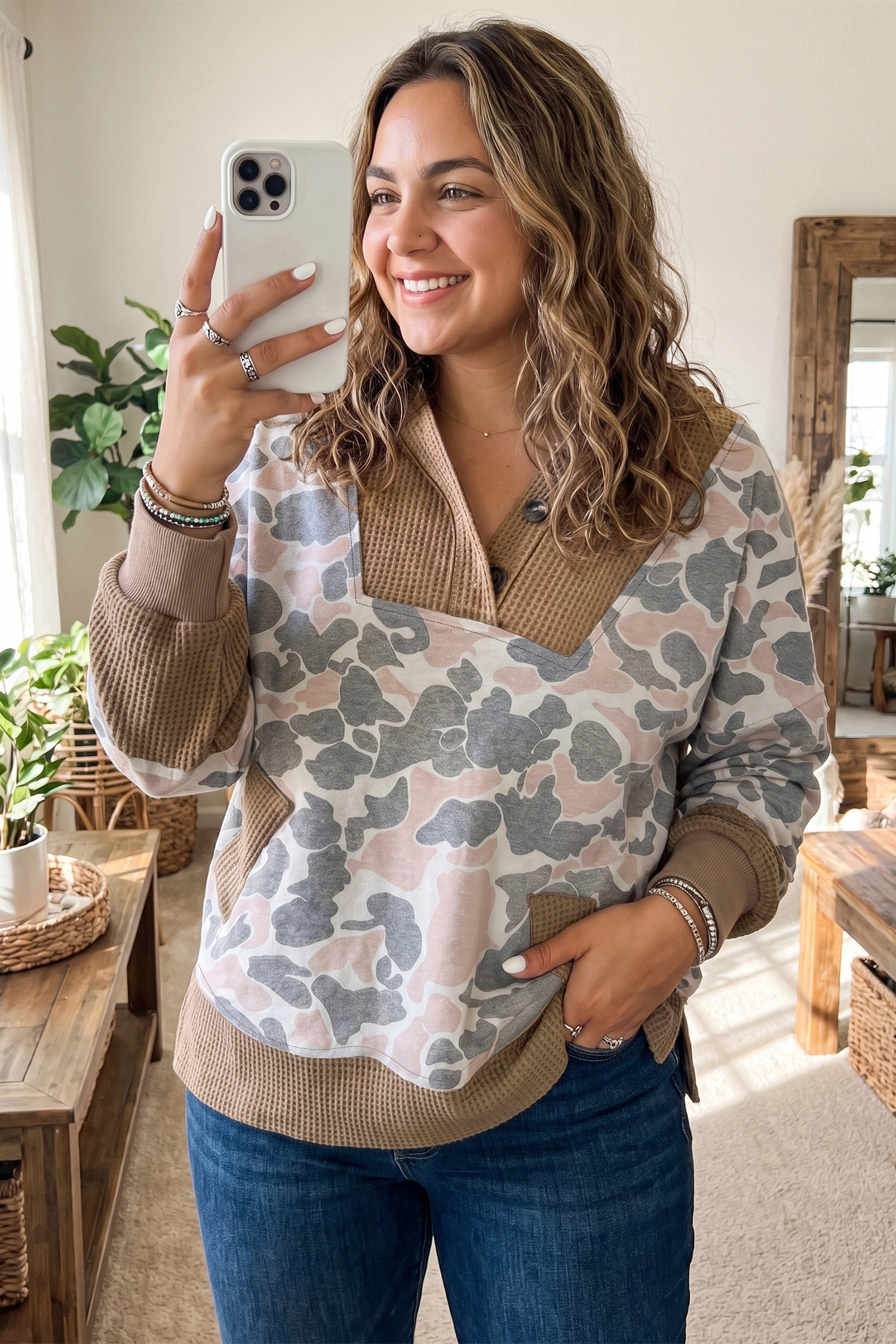 Women's Camouflage Pullover, Casual Button Hood - Detail View 2