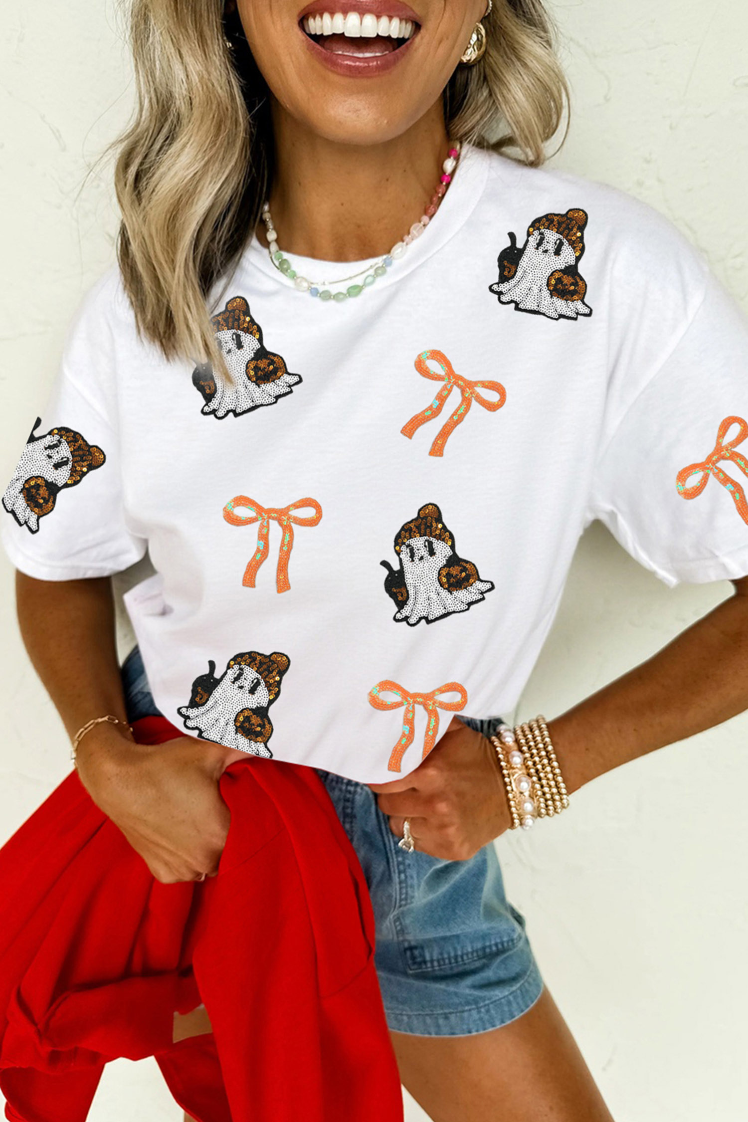 Casual Halloween Graphic Tee, White Sequin Ghost Print Top - Detail View 5