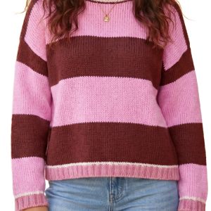 Women's Striped Knit Sweater, Casual Round Neck Pullover - Main View