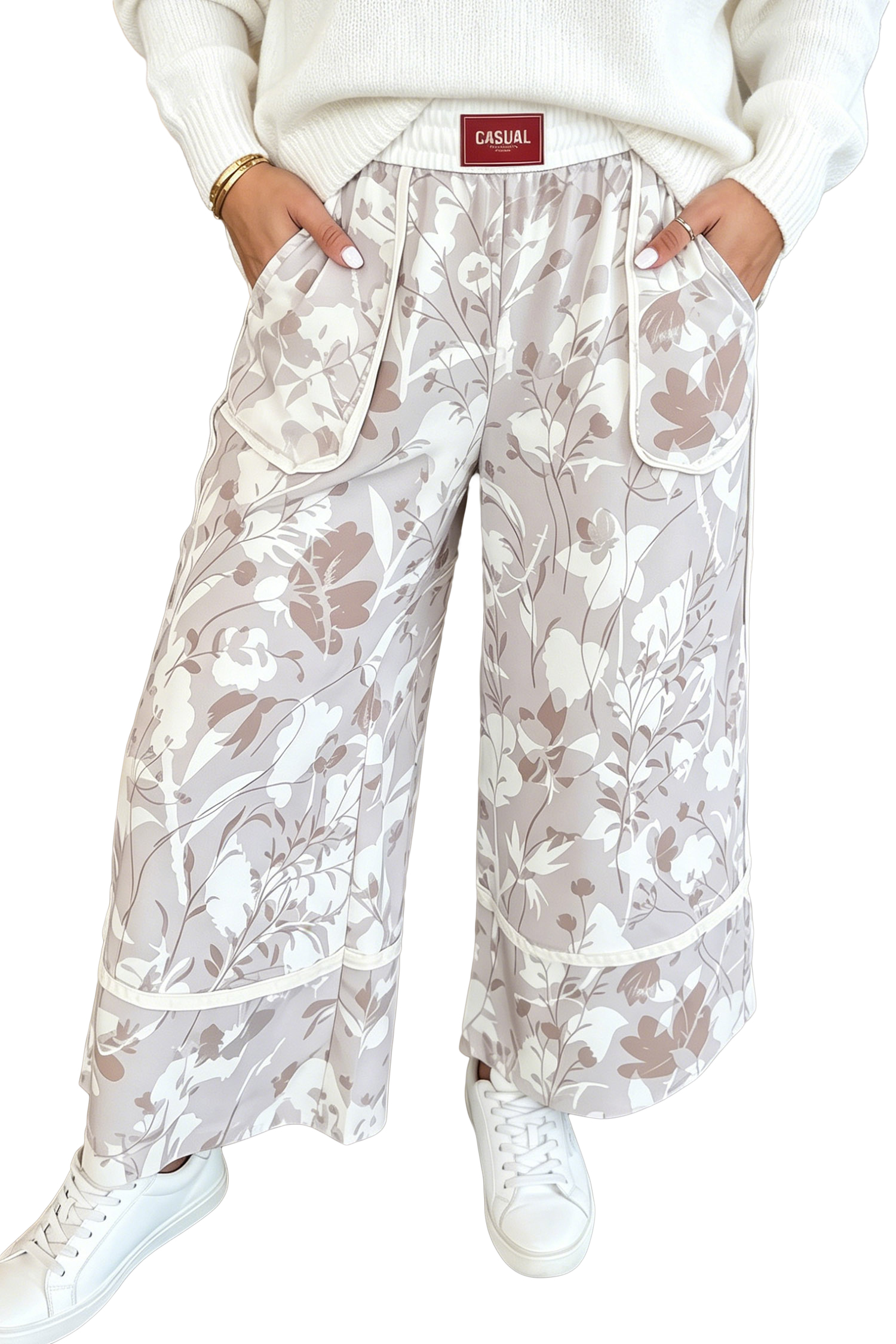 Women's Floral Camo Pants, High Waist Wide Leg Casual - Main View