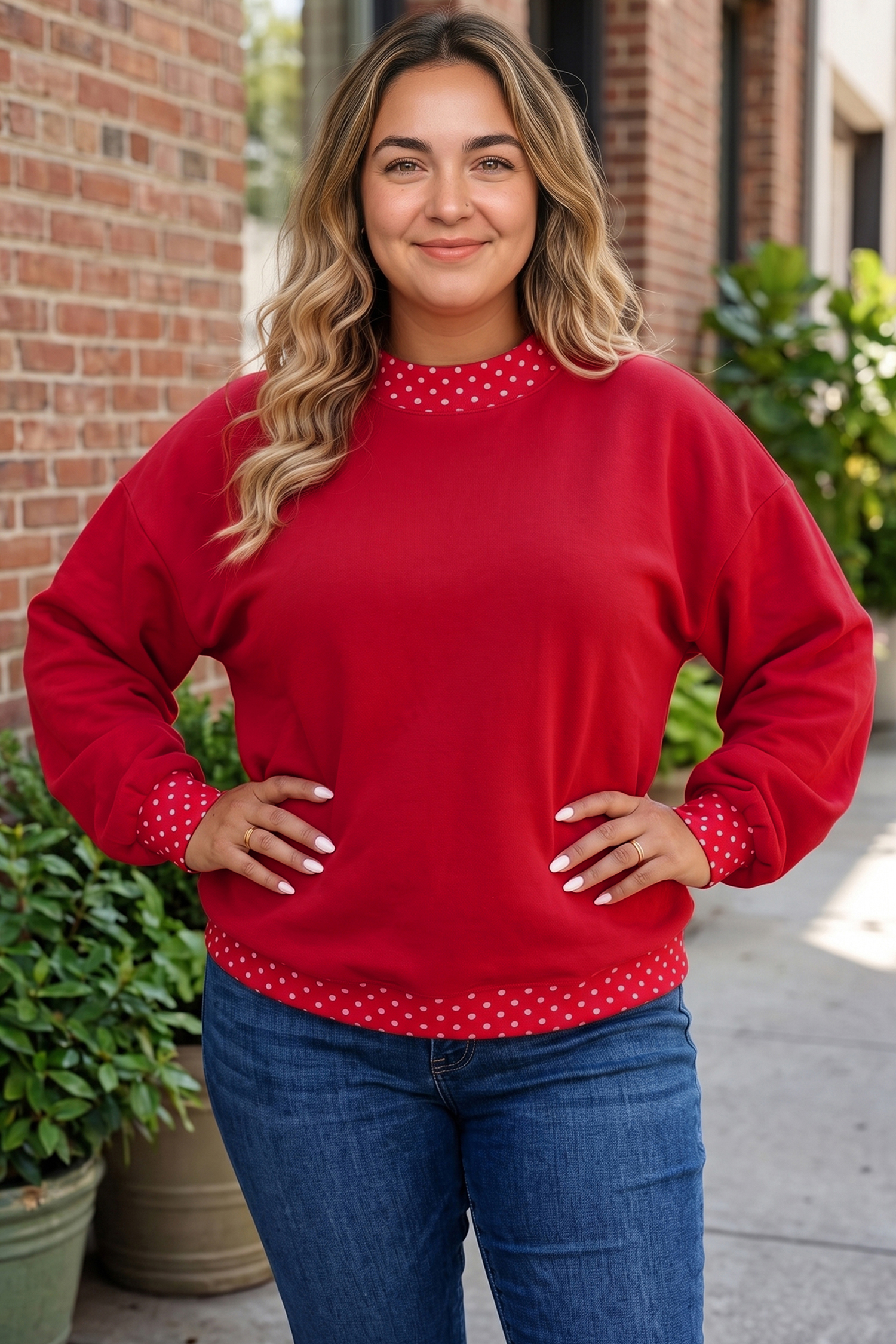 Patchwork Polka Dot Sweatshirt, Trendy Mock Neck Women Top - Detail View 2