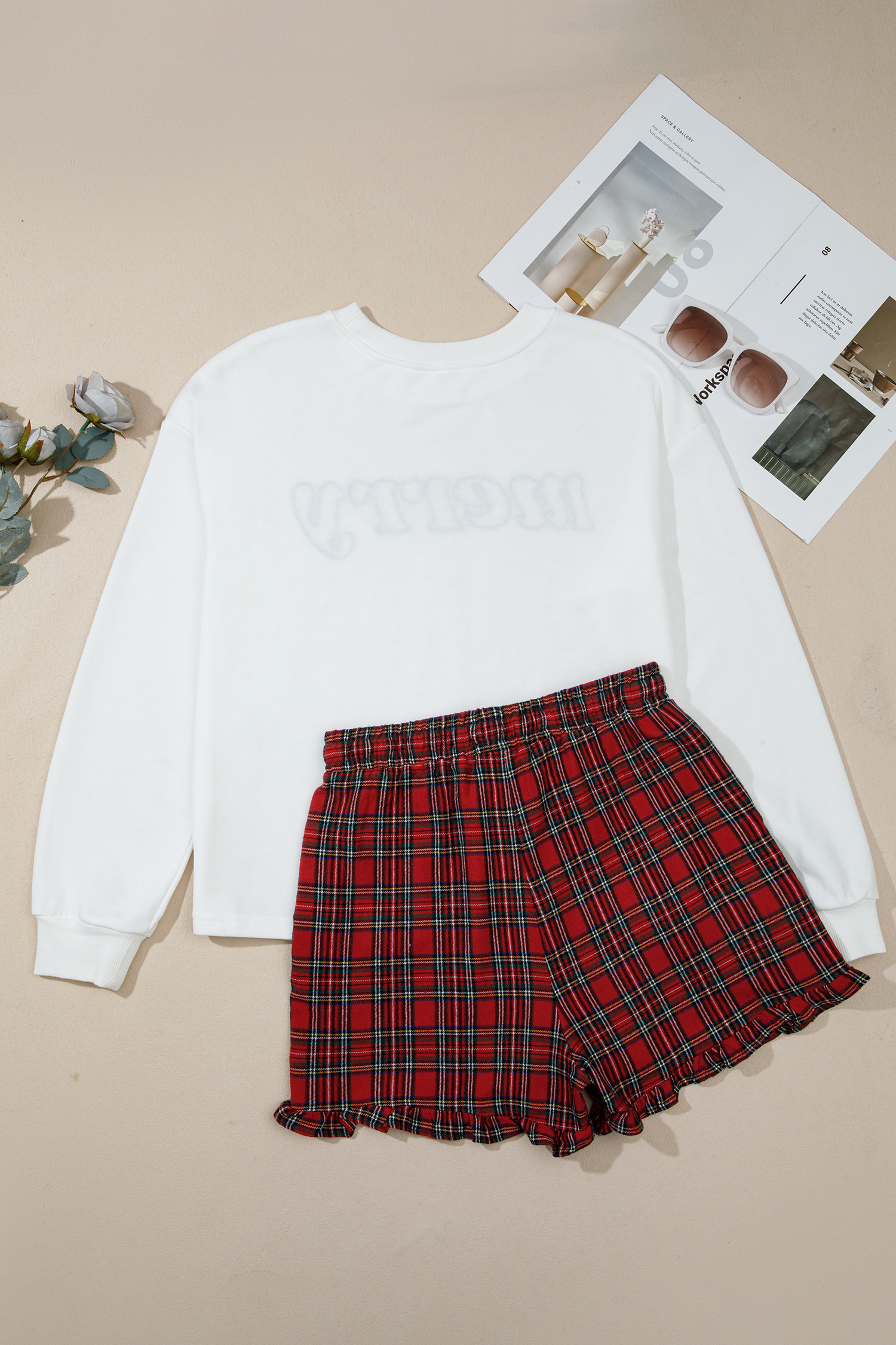 Festive Plaid Lounge Set, Women's Holiday Crewneck Pajamas - Detail View 8
