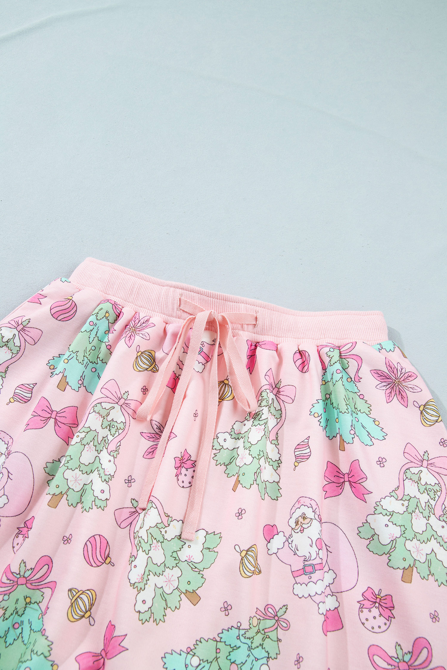 Pink Christmas Skirt Set, Festive Santa Print Long Sleeve - Detail View 11