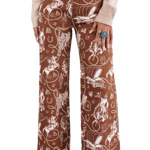 Women's Western Print Jeans, High Waisted Brown Denim Pants - Main View