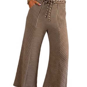 Women's Khaki Striped Wide Leg Pants, Casual Daily Trousers - Main View