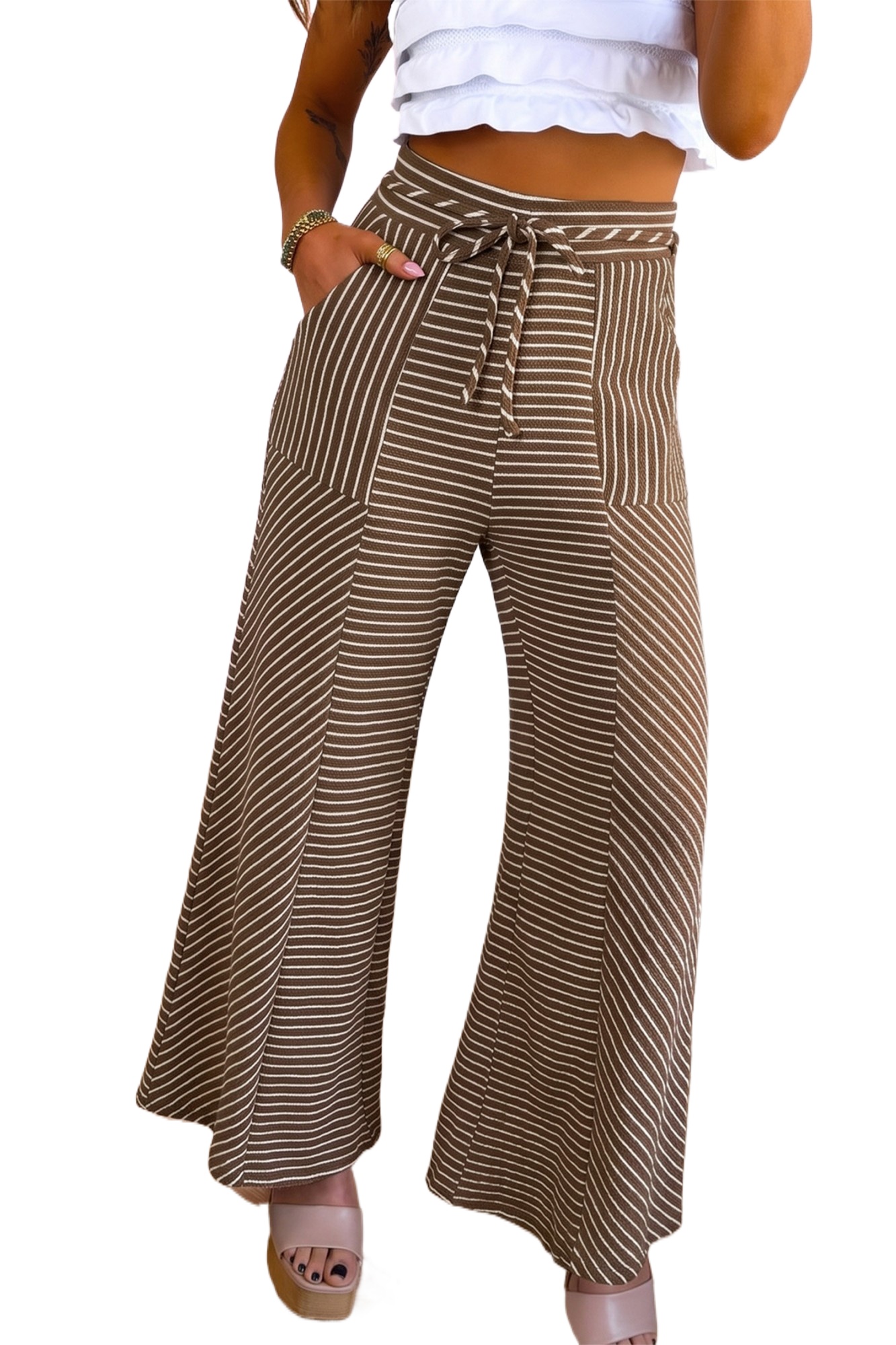 Women's Khaki Striped Wide Leg Pants, Casual Daily Trousers - Main View